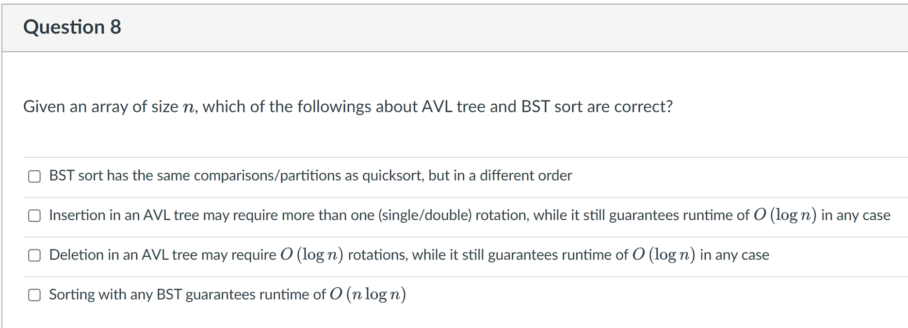  multiple answers allowed Question 8 Given an array of size n,