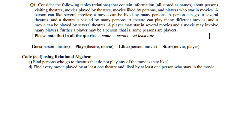 Code (c, d) using Relational Algebra: Q1. Consider the following tables (relations)