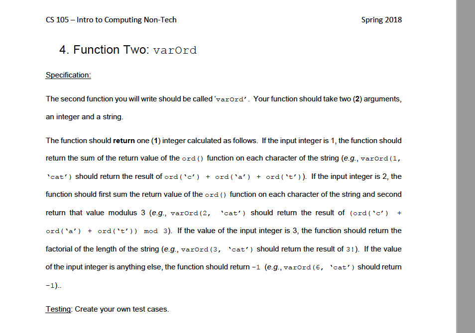1. Pleasue use python and show that test cases work CS 105