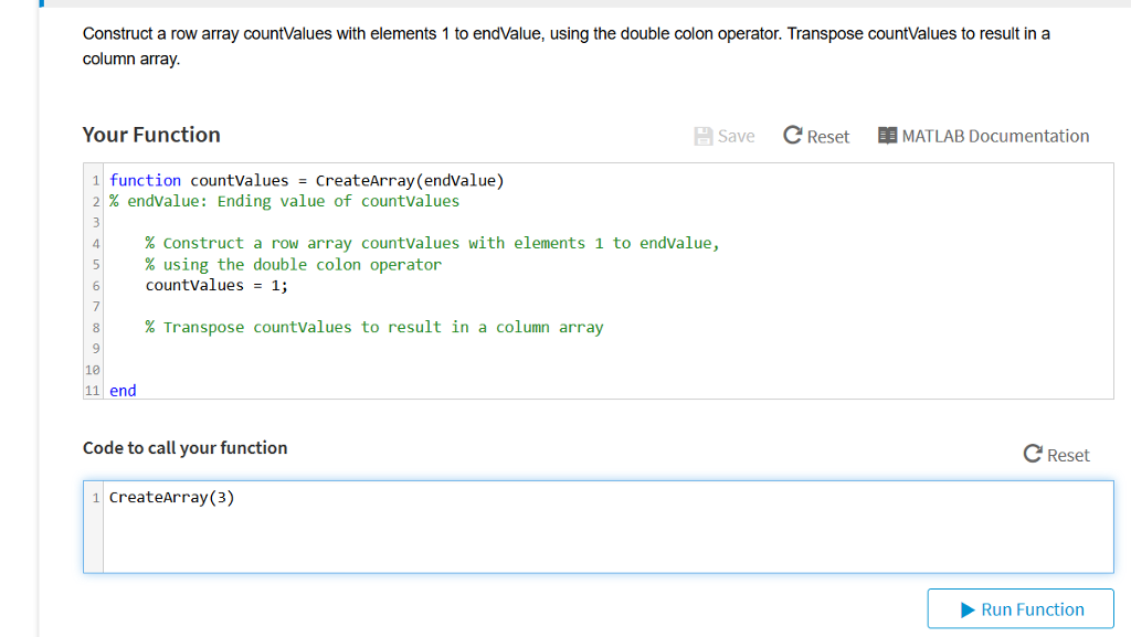  Construct a row array countValues with elements 1 to endValue, using