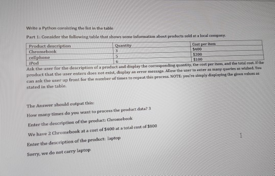  Write a Python consisting the list in the table Part 1:
