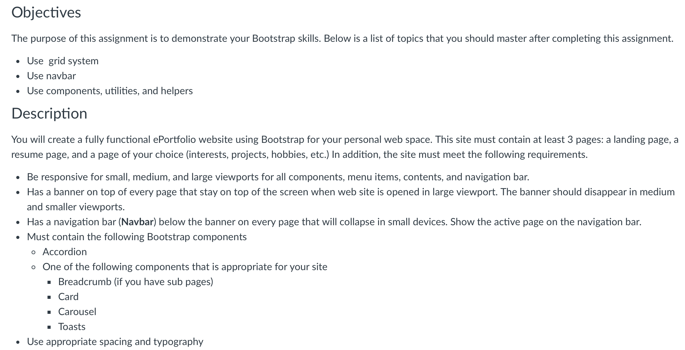  Description You will create a fully functional ePortfolio website using Bootstrap
