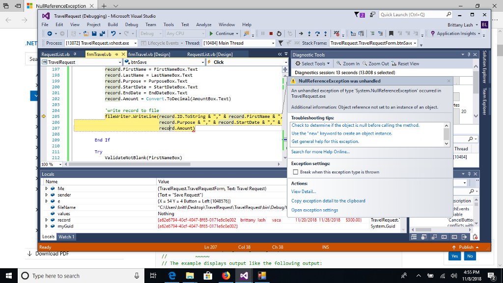 VISUAL BASIC VISUAL BASIC I am getting sn error 'NullReferenceException" as shown
