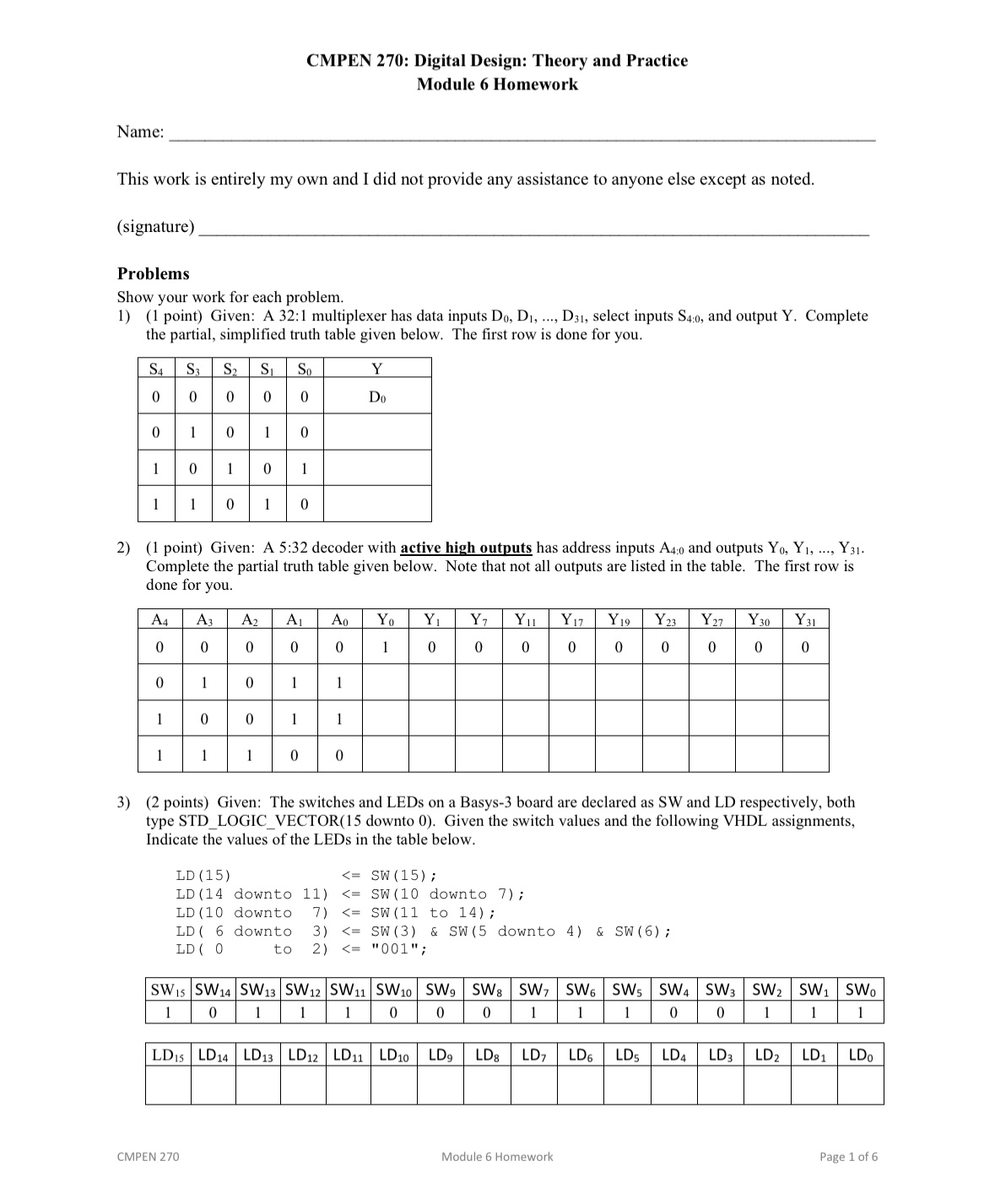  CMPEN 270: Digital Design: Theory and Practice Module 6 Homework Name: