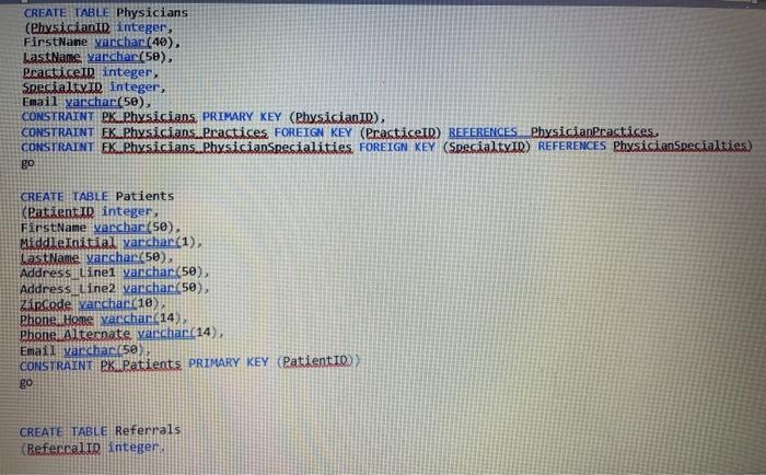 Server's query window to create the database tables. CREATE TABLE PhysicianSpecialties. (Specialtid
