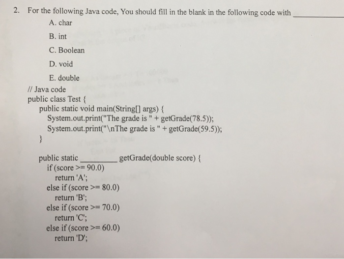  2. For the following Java code, You should fill in the