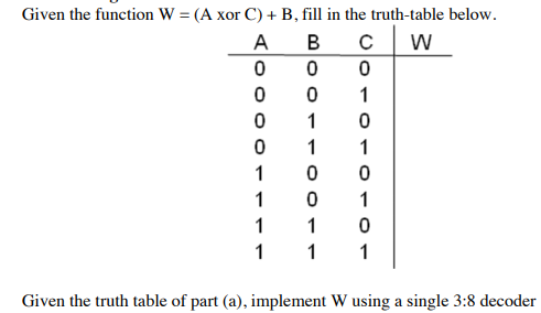  Given the function W = (A xor C) +B, fill in