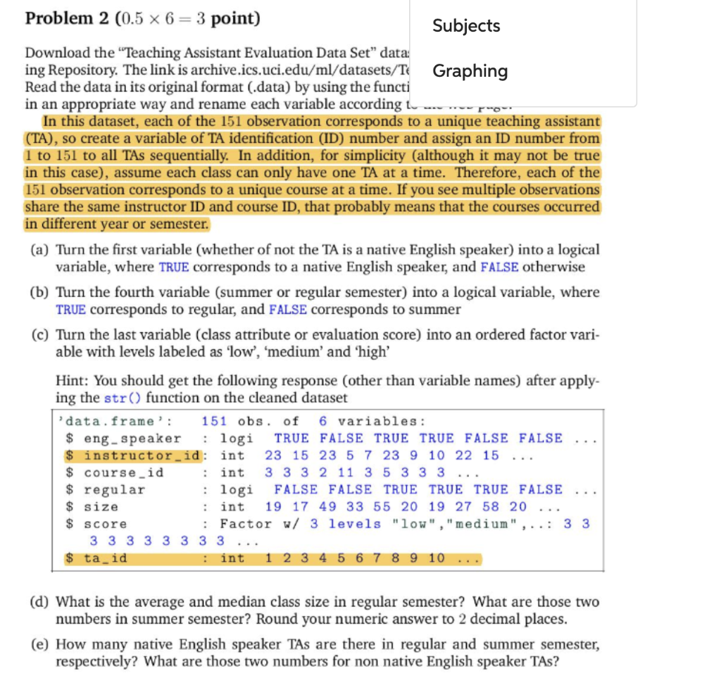 Part D Problem 2 (0.5 x 6 = 3 point) Subjects