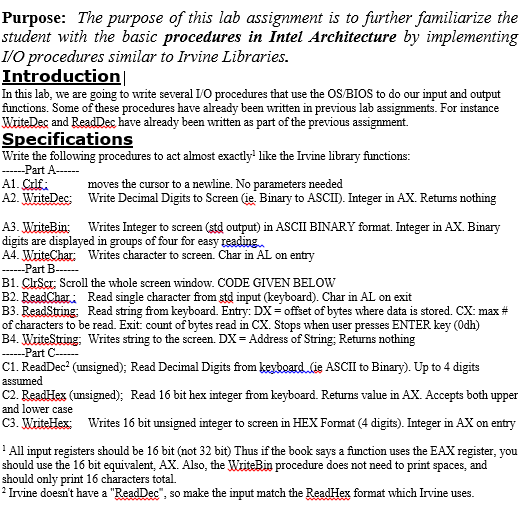 ASSEMBLY LANGUAGE X86 INTEL THE FOLLOWING IS THE CODE FOR CLEAR SCREEN