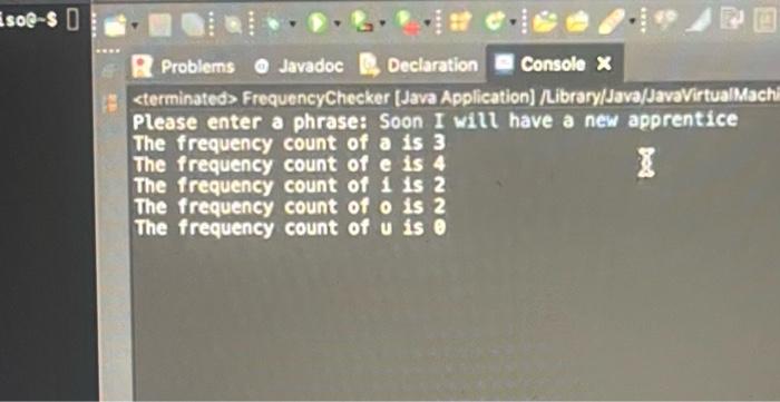 program should compute the frequency count of each vowel in the phrase