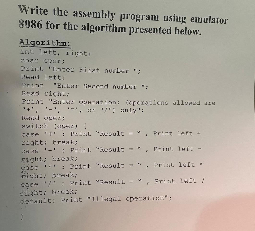 using 8086 emulator Write the assembly program using emulator 8086 for the