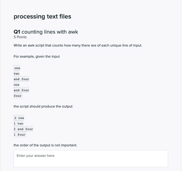  Solve this by using Unix/Linux command. processing text files Q1 counting