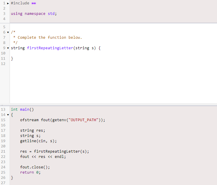 1. A string. t must retum the first repeating letter in a