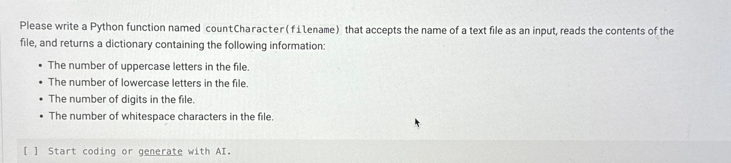  Please write a Python function named countCharacter (filename) that accepts the