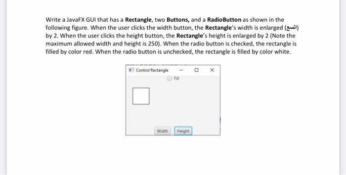  java fx Write a JavaFX GUI that has a Rectangle, two