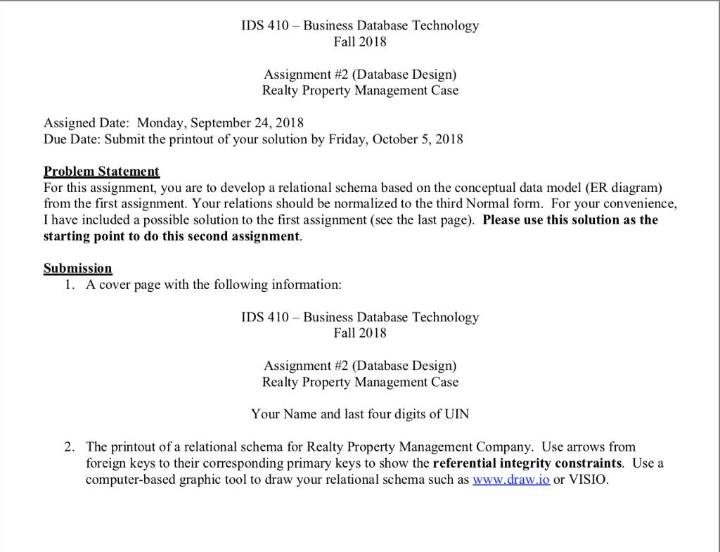  IDS 410- Business Database Technology Fall 2018 Assignment #2 (Database Design)