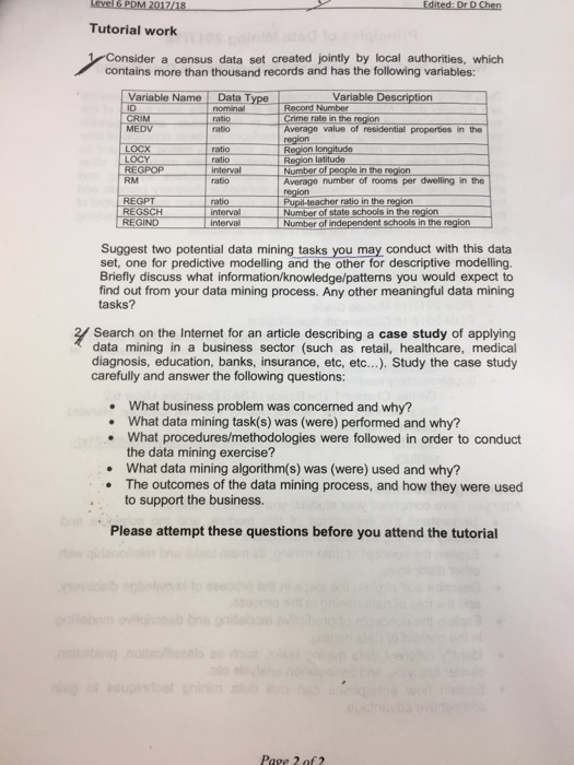  Tutorial work Consider a census data set created jointly by local