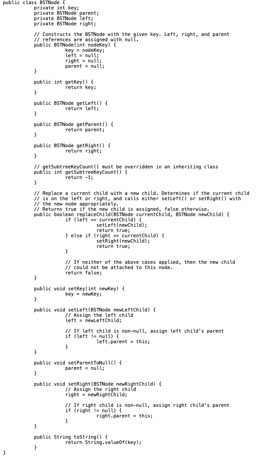 top of the coding window. The BSTNode class has private fields for