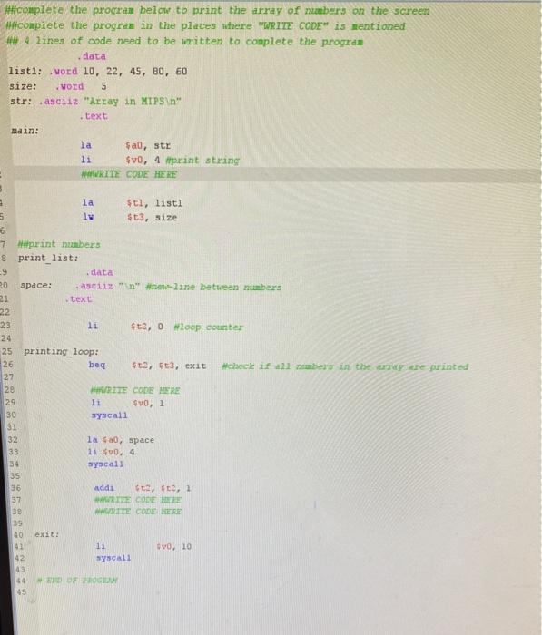 Need to complete the program to print out an array in MIPS.