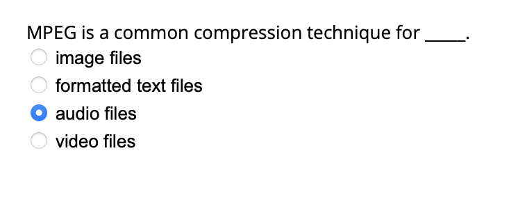  MPEG is a common compression technique for image files formatted text