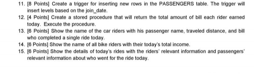 containing ridesharing information. Create Three tables described below. Name these tables as