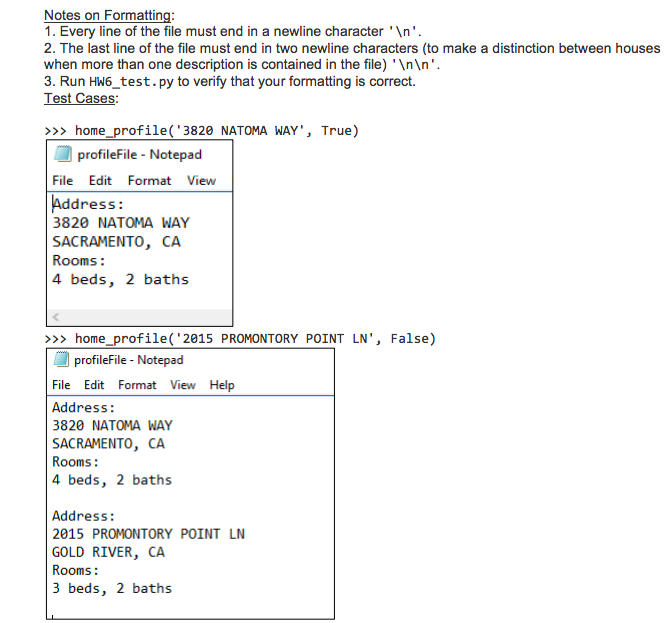 in an excel sheet CALLED data.csv : Function name: home_profile Parameters: address