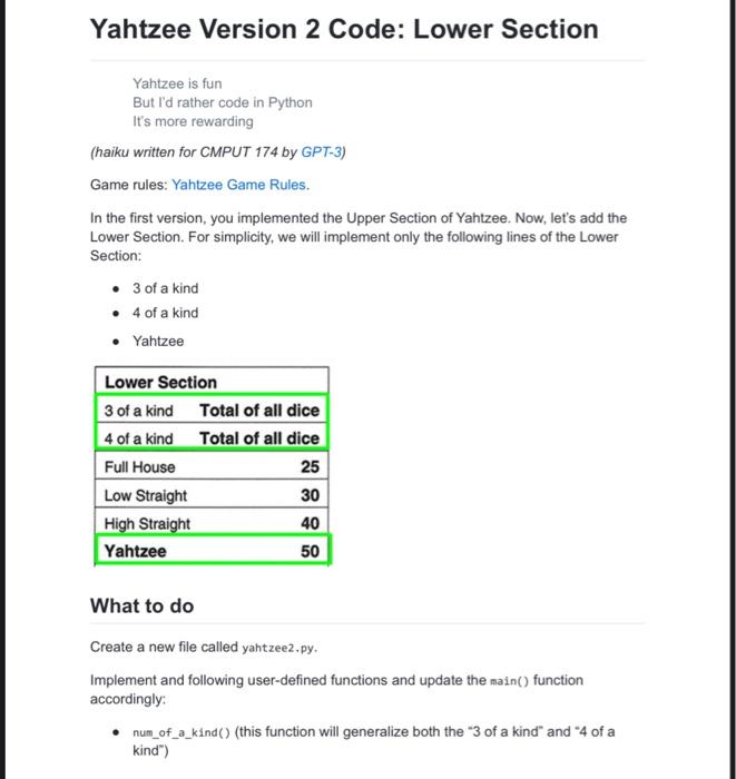  What to do Create a new file called yahtzee2,py. Implement and