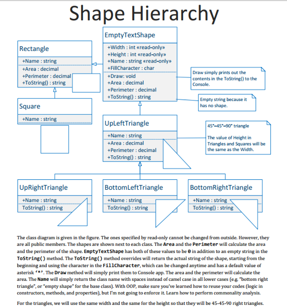 C# SHAPE HIERACHY It has 7 classes. EmptyTextShape Rectangle Square UpLeftTriangle UpRightTriangle