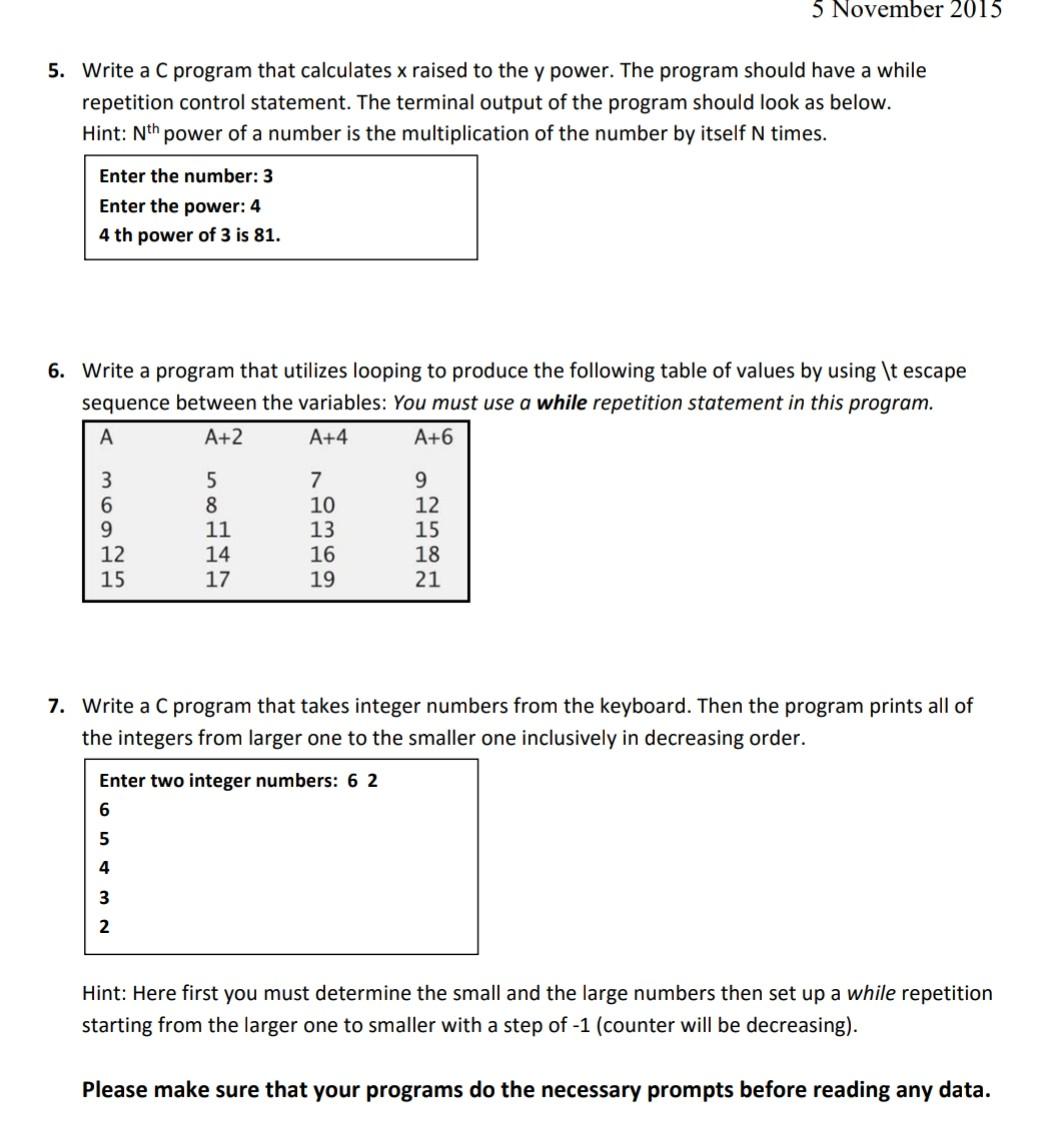  5 November 2015 5. Write a C program that calculates x