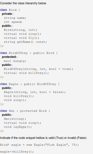 Consider the class hierarchy below. class Bird ! private : string
