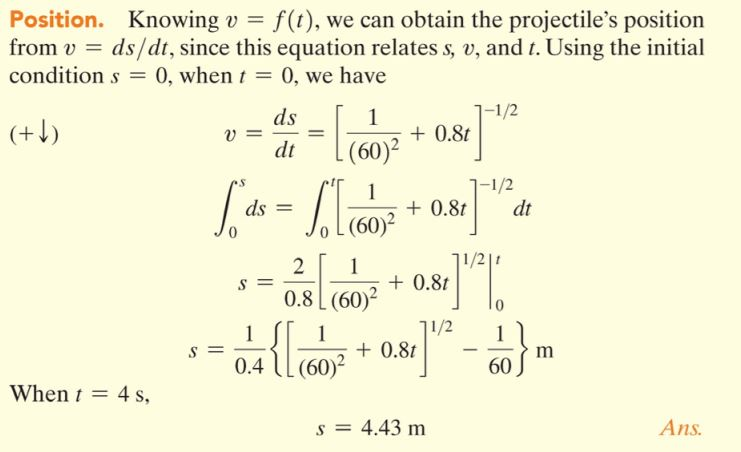 the program ran it must display the velocity v, position s, and