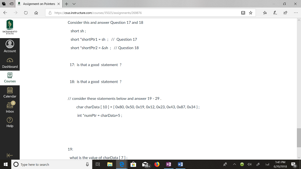  Assignment on Pointers + LT X ? ? O ? ?https://csus.instructure.com/courses/35025/assignments/269876