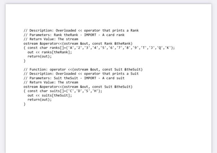 BLOCK #include #include using namespace std; enum Rank {Ace,Two,Three,Four,Five,Six,Seven,Eight,Nine,Ten,Jack,Queen,King}; enum Suit {Clubs,Diamonds,Spades,Hearts};