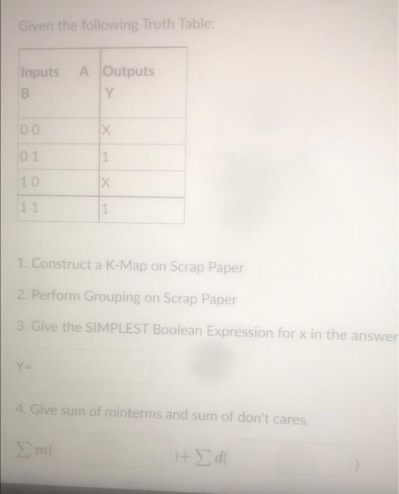 please help asap Given the following Truth Table: 1. Construct a K-Map