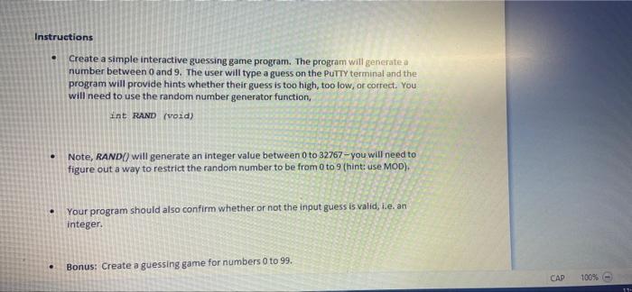 in c language Instructions . Create a simple interactive guessing game program.