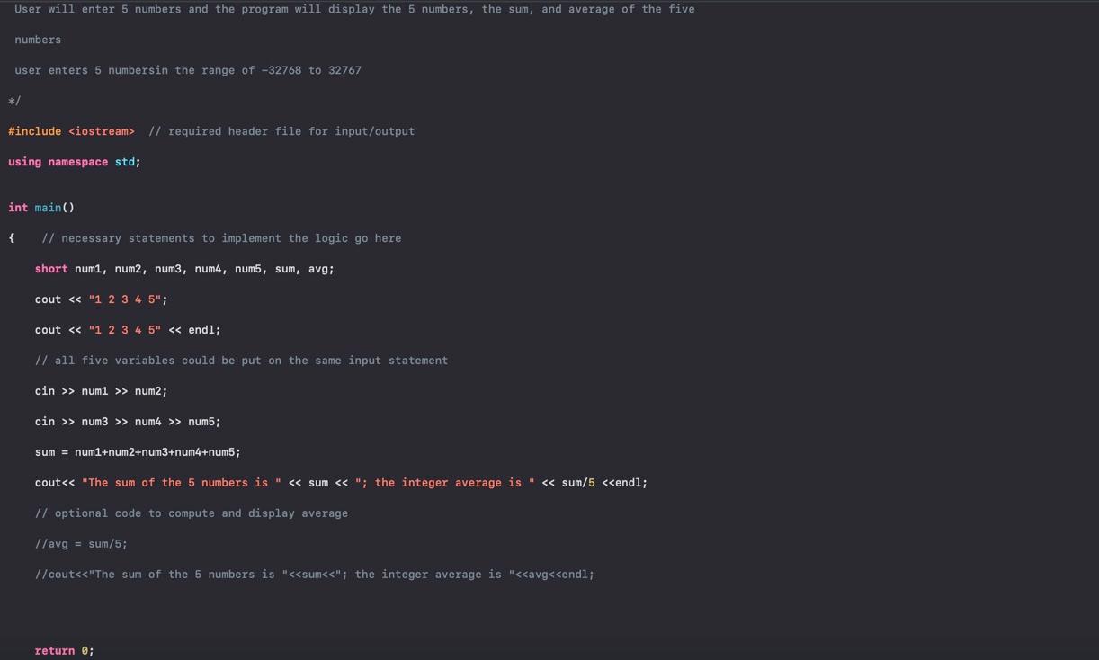  User will enter 5 numbers and the program will display the