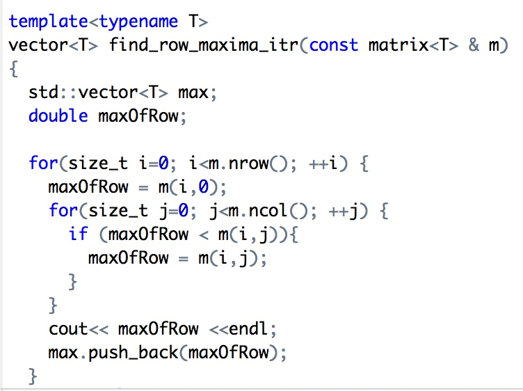 I create a C++ program using the following template: template vector find_row_maxima_itr(const