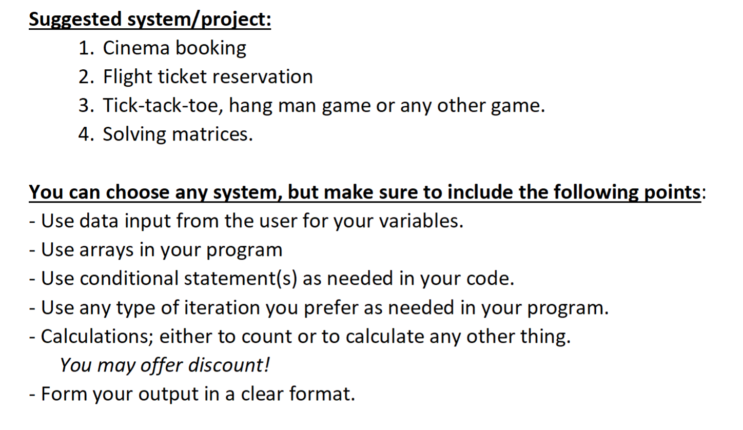  Create a java code while following the requirements above. Suggested system/project: