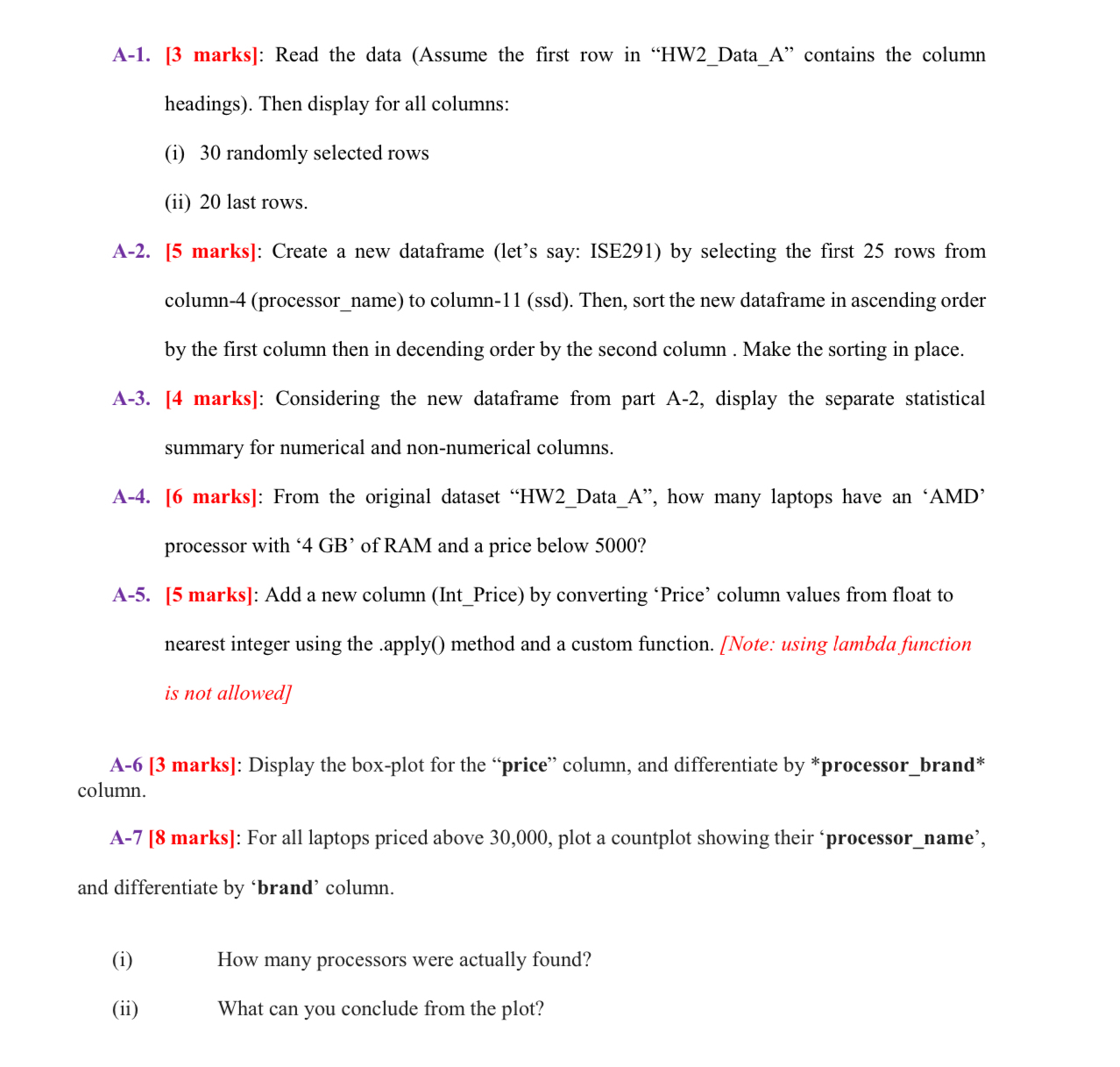  A-1.[3 marks]: Read the data (Assume the first row in "HW2_Data_A"