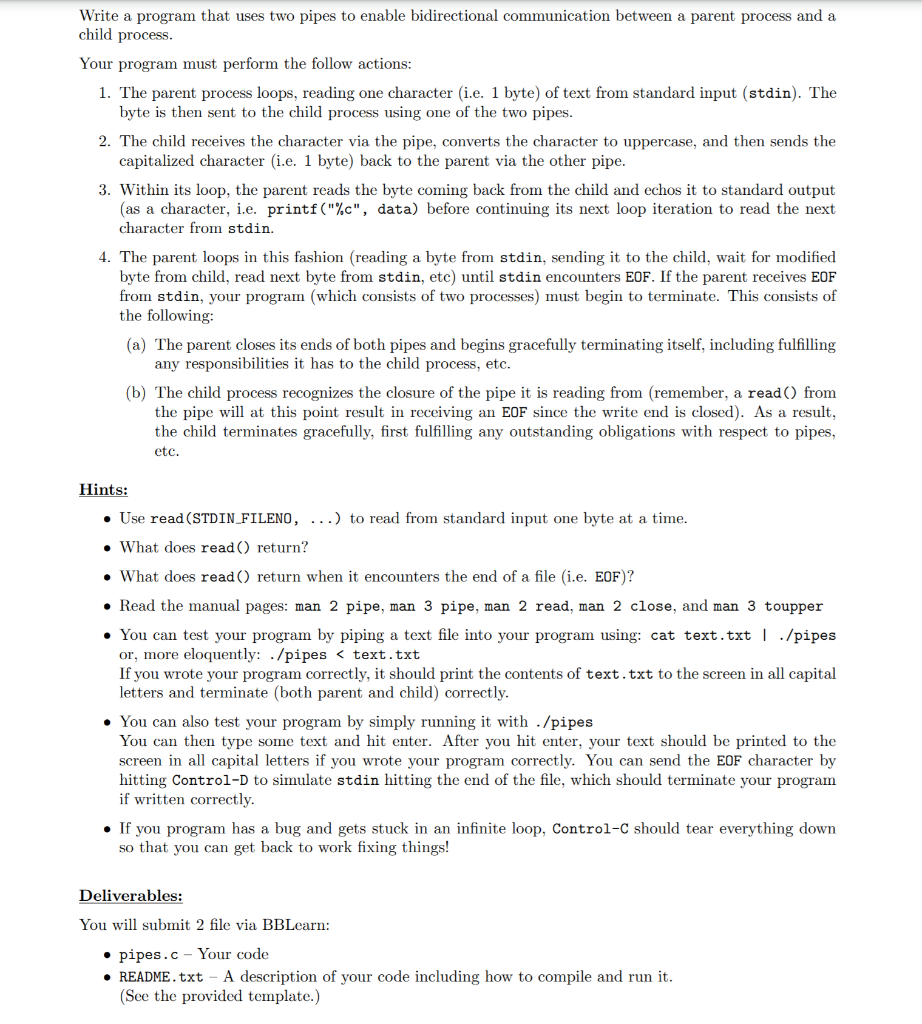 Write a program that uses two pipes to enable bidirectional communication