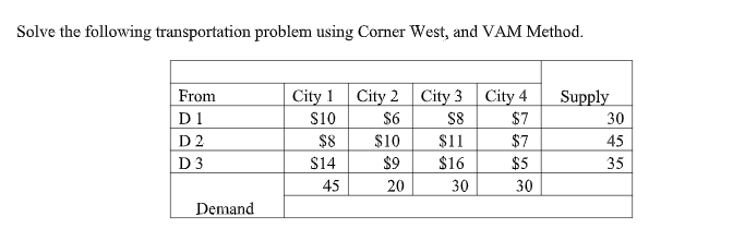 COURSE: OPERATION RESEARCH Solve the following transportation problem using Corner West, and