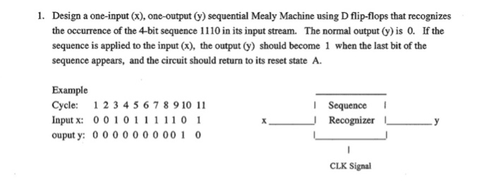  1. Design a one-input (x), one-output (sequential Mealy Machine using D