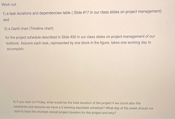  slide #17 is below for reference 1) a task durations and