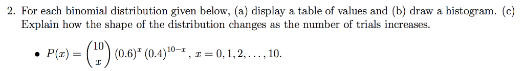  2. For each binomial distribution given below, (a) display a table