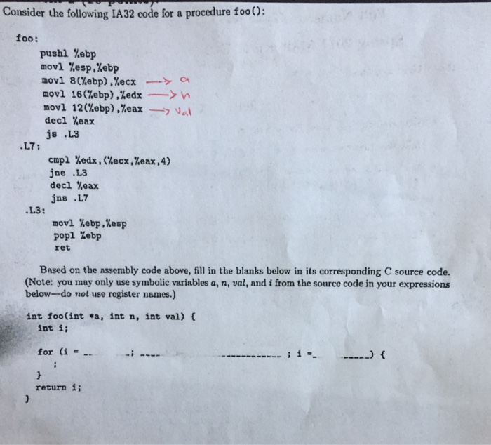  Consider the following IA32 code for a procedure foo): foo: pushl