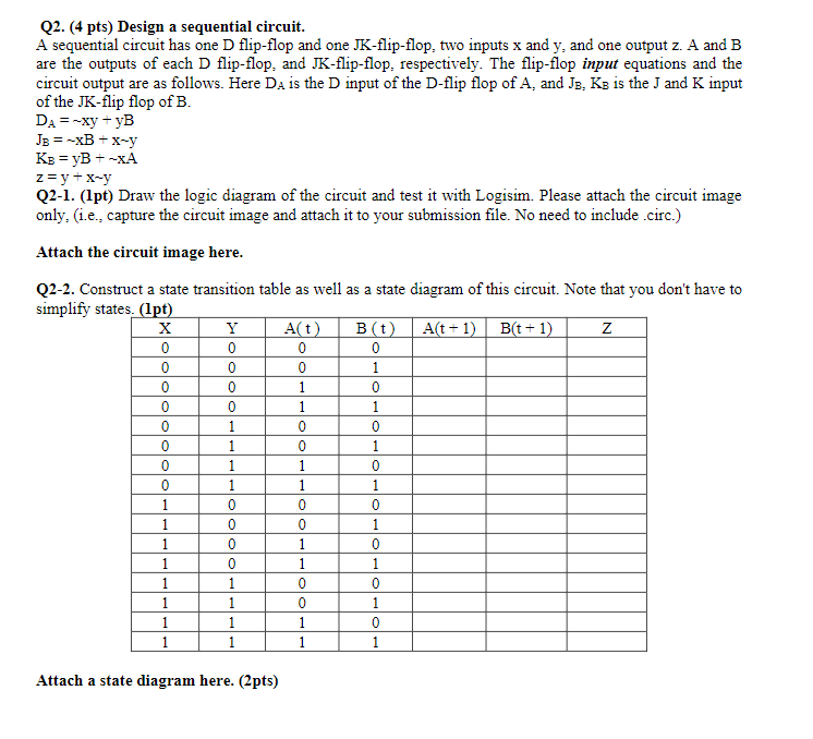 Q2. (4 pts) Design a sequential circuit. A sequential circuit has