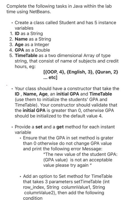  in java Complete the following tasks in Java within the lab