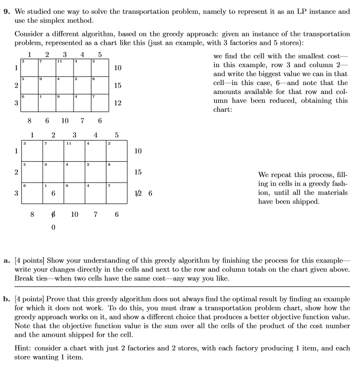  9. We studied one way to solve the transportation problem, namely