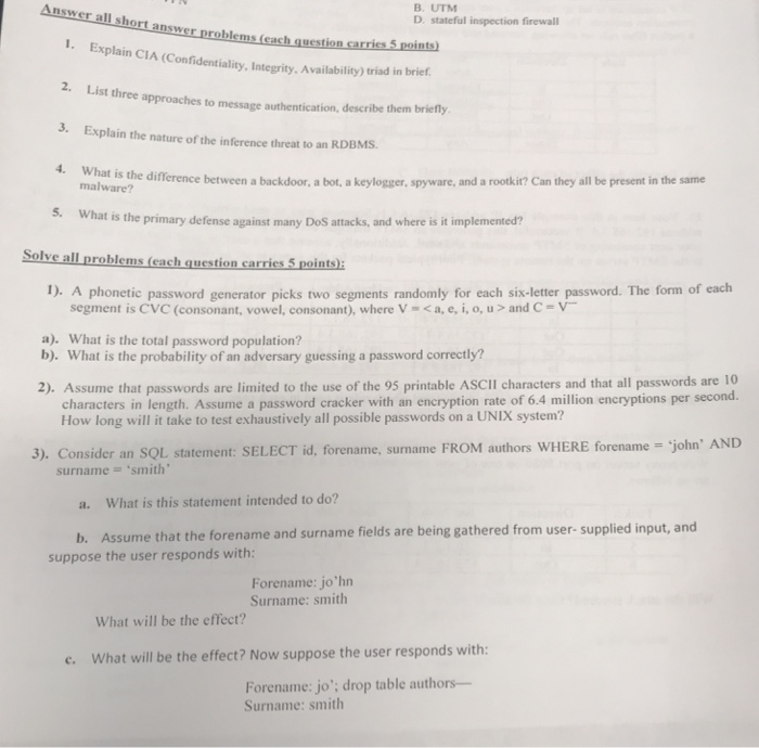 Answer all short answer problems (each question carriss 5 roints) B.
