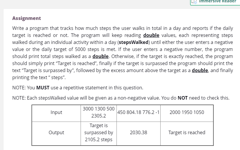 undefined nmersive Reader Assignment Write a program that tracks how much steps